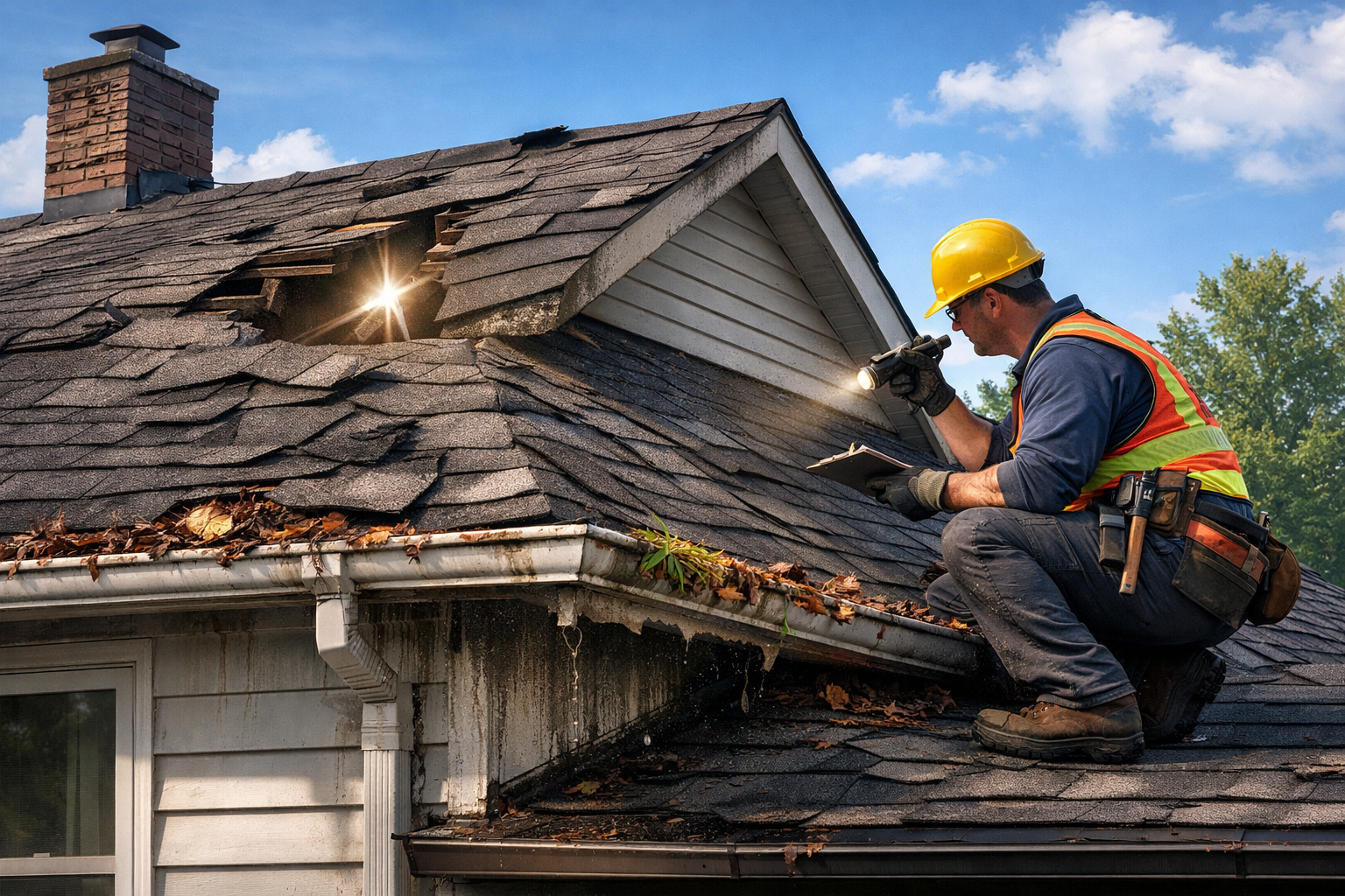 Roof maintenance problems — damaged shingles, sagging roof, clogged gutters, and roofer inspection.