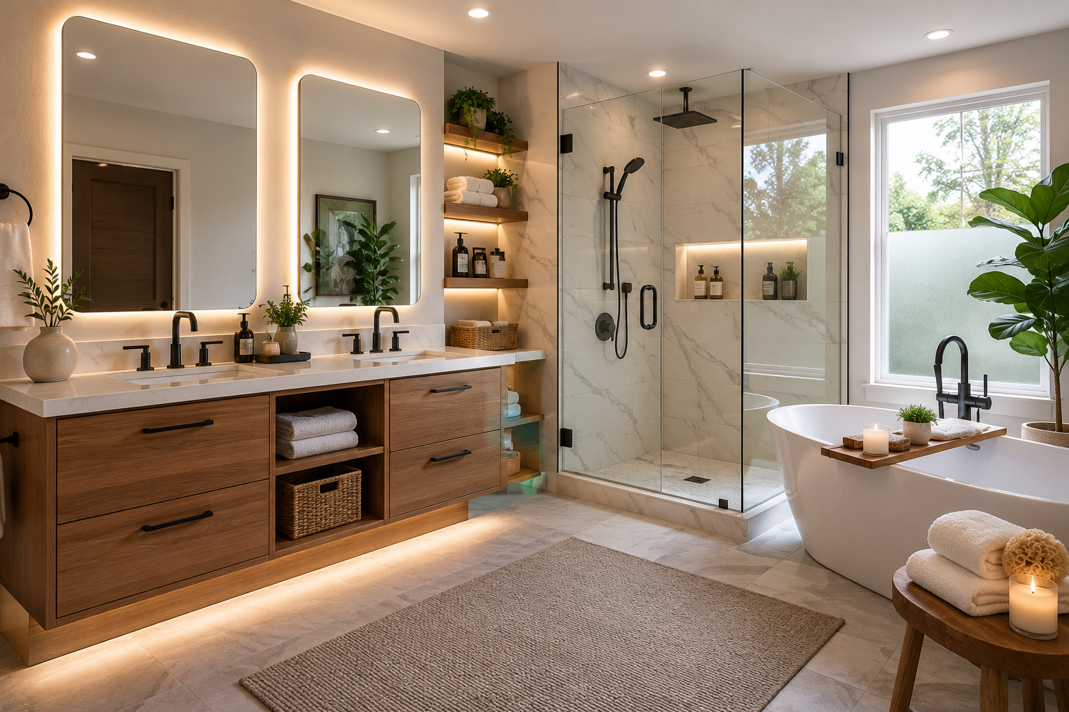 Bathroom Improvement Ideas featuring a modern luxury bathroom with upgraded lighting, smart storage, stylish vanity, and premium fixtures
