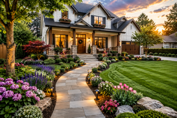 Outdoor Space Improvement Ideas featuring a beautifully landscaped modern home with colorful gardens, decorative lighting, stone walkway, and enhanced curb appeal