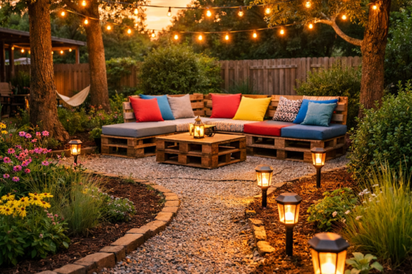 Budget-friendly backyard with pallet seating, solar lights, and native plants