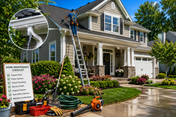 Home Maintenance Tips showing a homeowner inspecting a roof, cleaning gutters, and maintaining a beautiful modern home