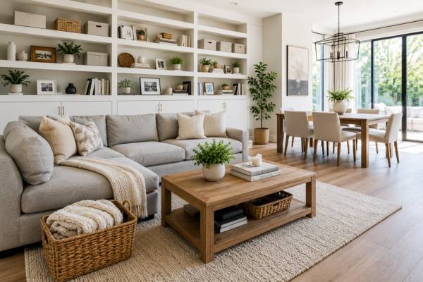 Home organization tips showing a beautifully organized modern living room with smart storage solutions and a clutter-free interior