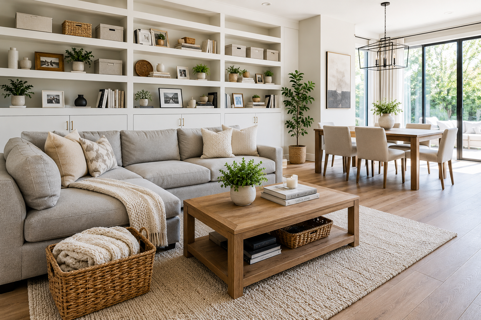 Home organization tips showing a beautifully organized modern living room with smart storage solutions and a clutter-free interior