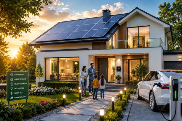 Energy-Efficient Living at Home with solar panels, LED lighting, smart thermostat and insulated modern house
