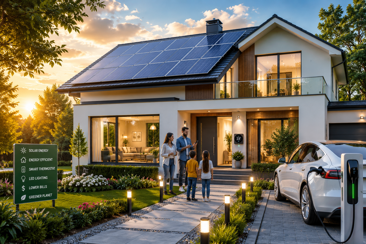 Energy-Efficient Living at Home with solar panels, LED lighting, smart thermostat and insulated modern house