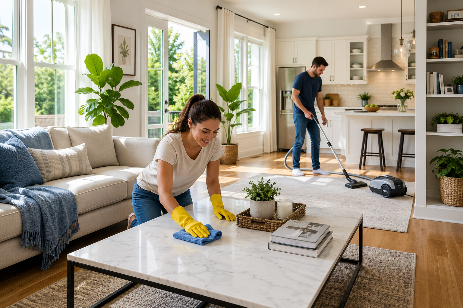 Healthy Home Cleaning Tips: homeowner cleaning a bright modern living room with fresh indoor air and organized spaces