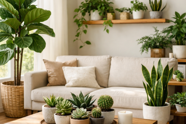 Featured indoor garden with fiddle‑leaf fig, snake plant, pothos, and succulents — Selecting Suitable Houseplants Guide
