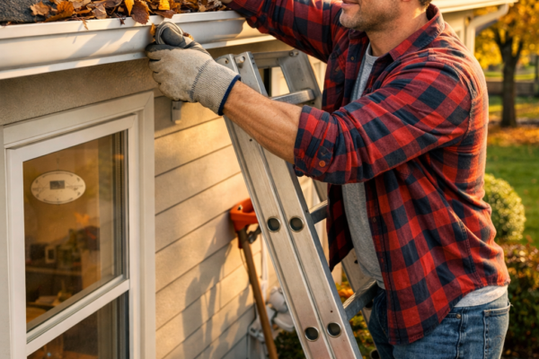 Homeowner cleaning gutters on a modern suburban house during autumn as part of routine home maintenance."