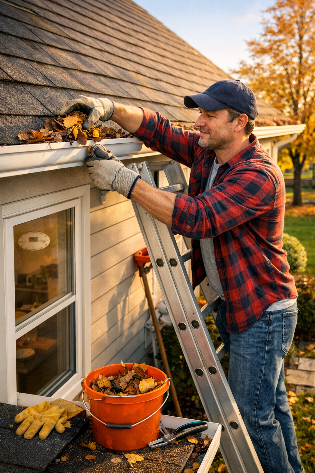 10 Common Home Maintenance Tasks Every Homeowner Should Know 1 Homeowner cleaning gutters on a modern suburban house during autumn as part of routine home maintenance."