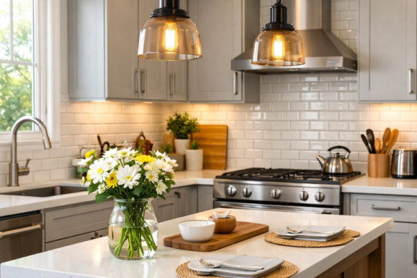 Modern kitchen with peel-and-stick backsplash, updated cabinet hardware, and pendant lighting as affordable home upgrades.
