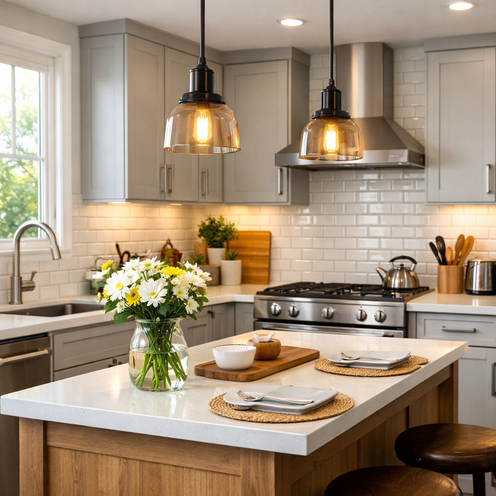 13 Budget-Friendly Home Improvement Ideas That Add Value Without Breaking the Bank 2 Modern kitchen with peel-and-stick backsplash, updated cabinet hardware, and pendant lighting as affordable home upgrades.