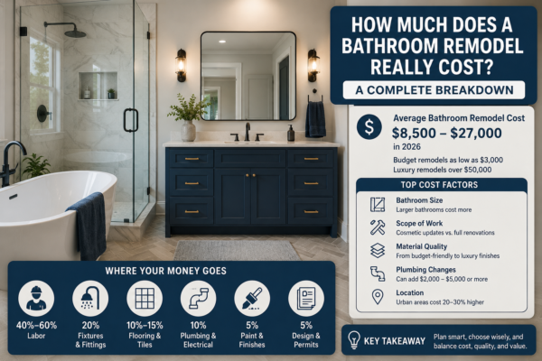 Bathroom remodel cost planning with contractor reviewing luxury bathroom renovation budget