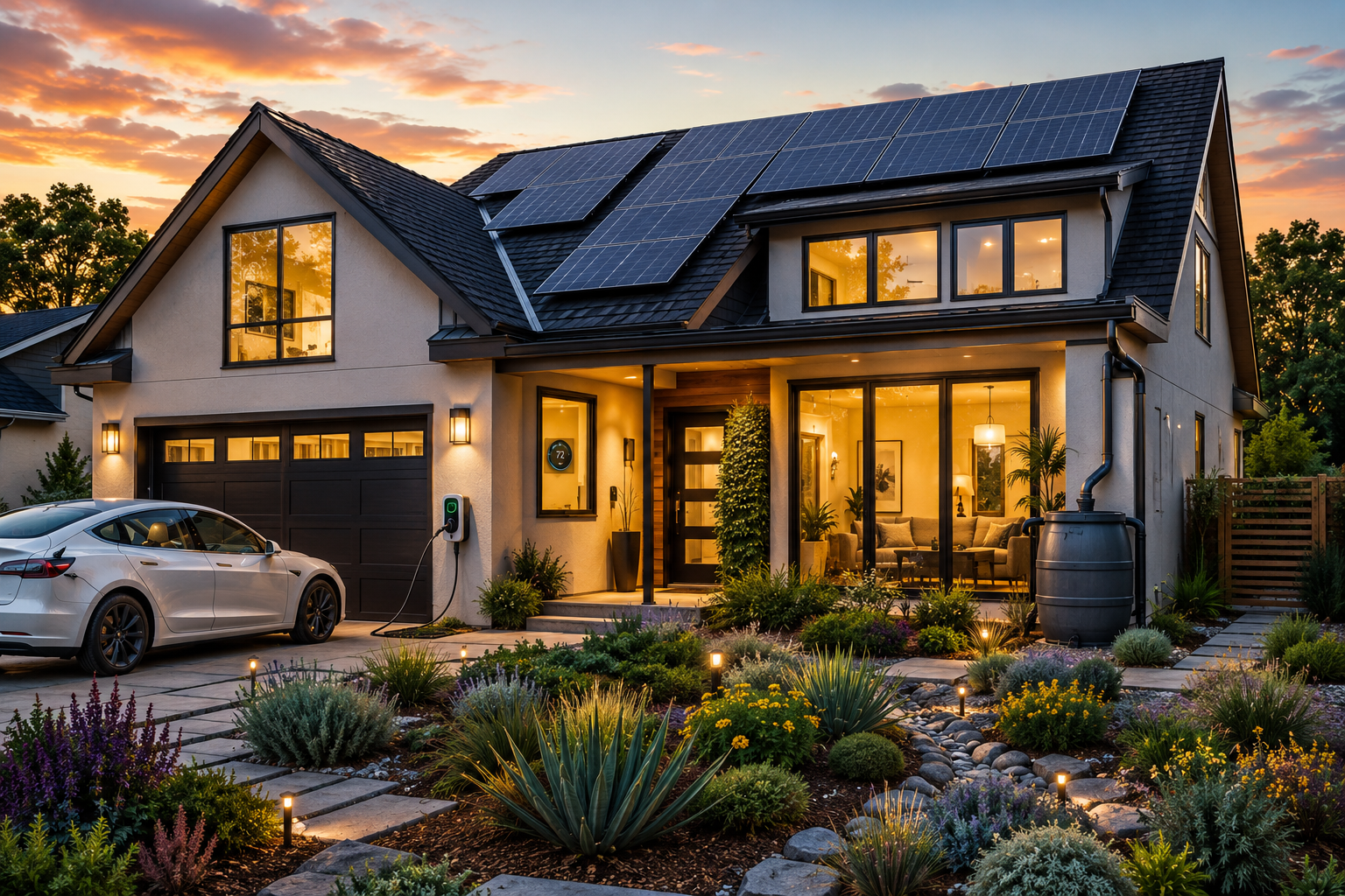Modern eco-friendly home with solar panels, energy-efficient windows, LED lighting, and sustainable landscaping.