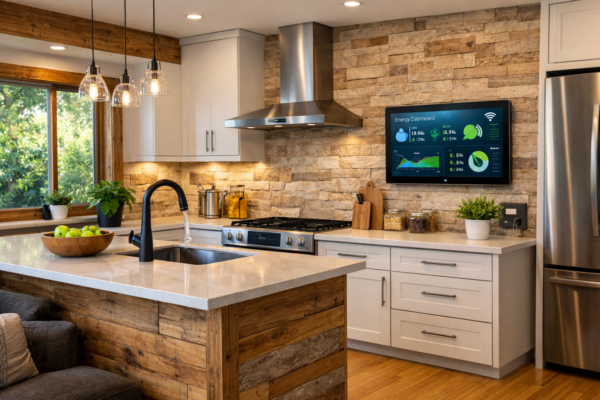 Eco-friendly smart kitchen with bamboo flooring, LED lighting, and low-flow faucet.