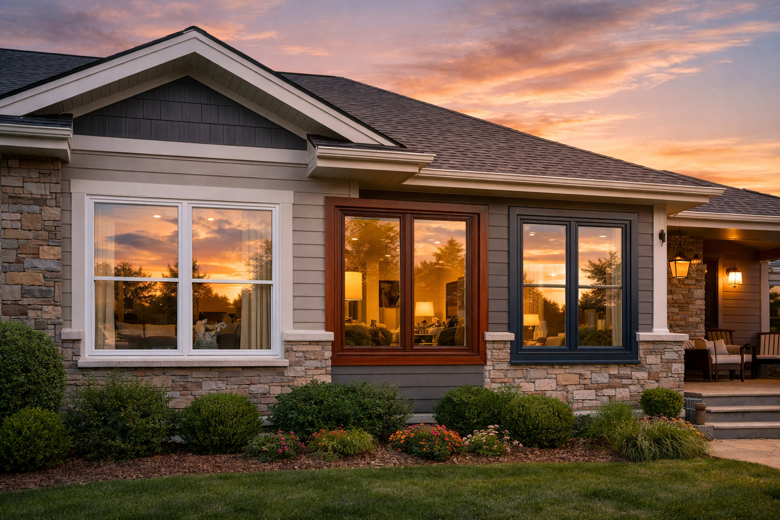 Modern home exterior with vinyl, wood, and fiberglass window replacements at sunset.