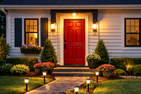 Freshly painted home with red front door, neat landscaping, and solar pathway lights at dusk.