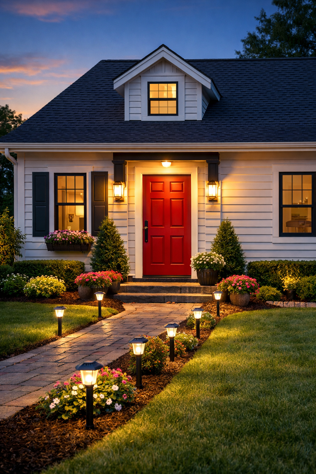 Freshly painted home with red front door, neat landscaping, and solar pathway lights at dusk.