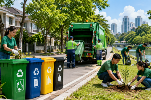 Community cleanup in a green park