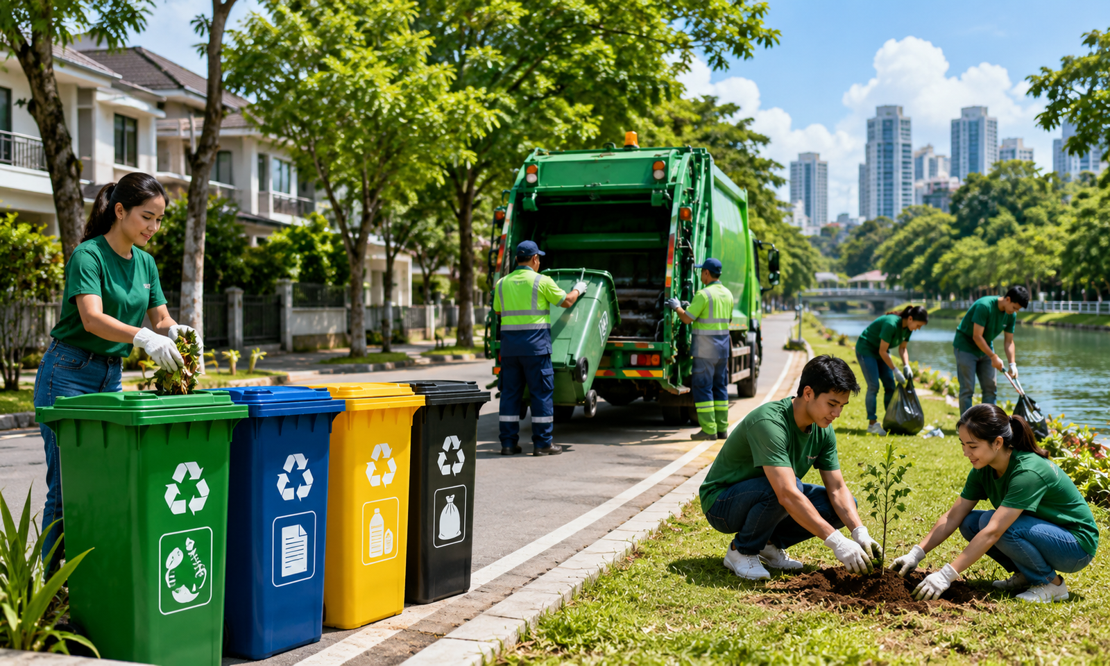 Community cleanup in a green park