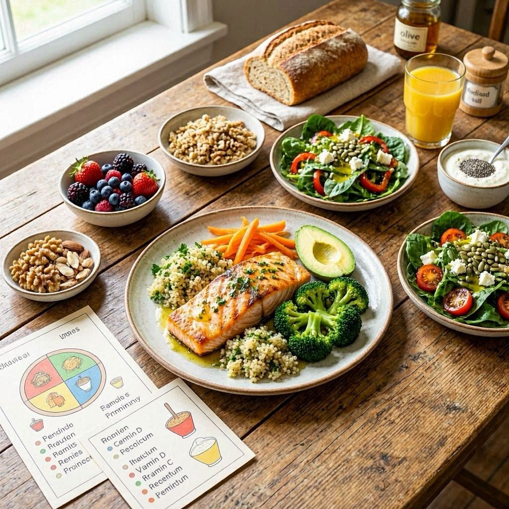 The importance of essential vitamins and minerals is emphasized by providing balanced meals with various food groups.