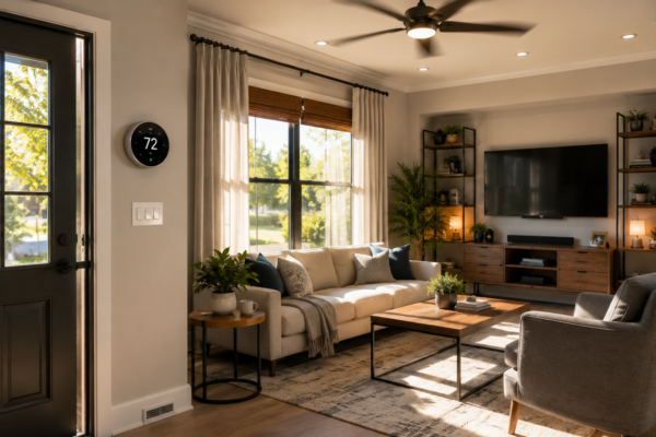 Energy-efficient living room with LED lights, ceiling fan, and sealed windows.