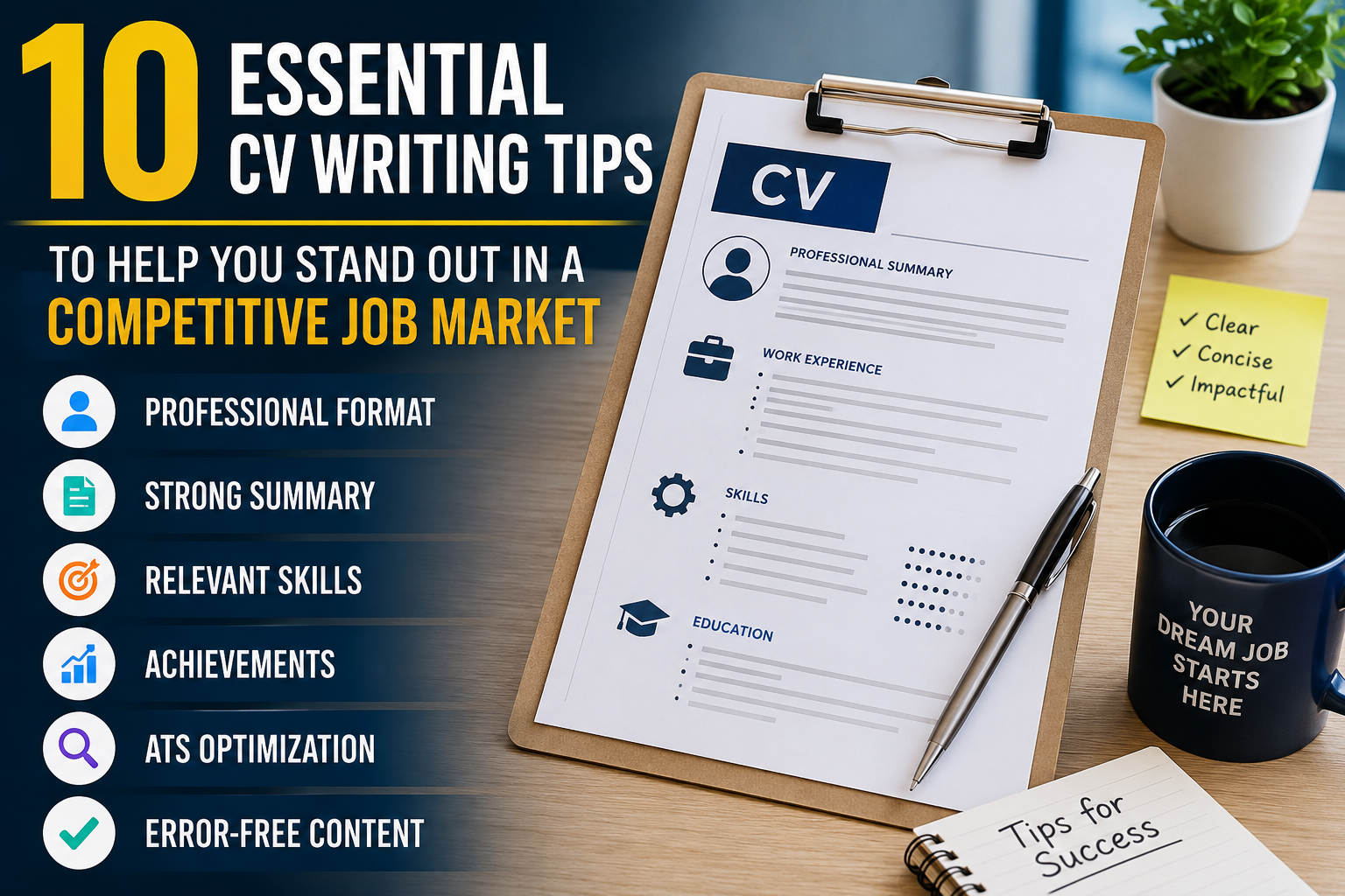 Professional CV writing tips feature image showing a modern resume on a clipboard with key sections such as professional summary, work experience, skills, and education, alongside a list of essential CV writing tips for standing out in a competitive job market.