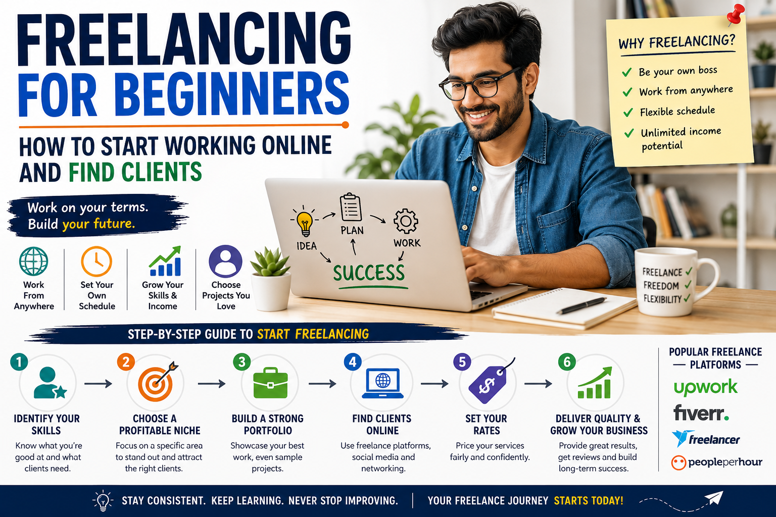 Freelancing for beginners infographic showing a freelancer working on a laptop with icons representing online work, freelance platforms, client acquisition, portfolio building, remote work, and career growth.