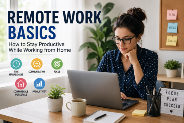 A modern feature image showing a woman working on a laptop in a bright home office. The design highlights 'Remote Work Basics'