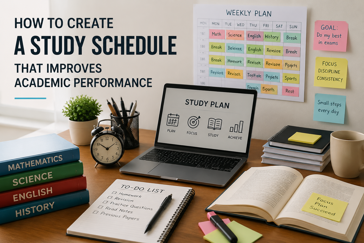 How to Create a Study Schedule That Improves Academic Performance 2 A realistic study desk setup showing a student’s organized workspace with a laptop displaying a study plan, stacked textbooks labeled with school subjects, an open notebook with a to-do list, sticky notes with motivational reminders, and a weekly timetable on the wall, symbolizing effective study scheduling and academic discipline.