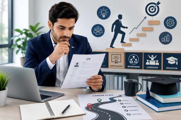 Professional job seeker reviewing a CV at a modern office desk with a laptop, career plan document, graduation cap, certification, networking, leadership, and education icons, representing career planning strategies, professional growth, career development, and CV improvement.