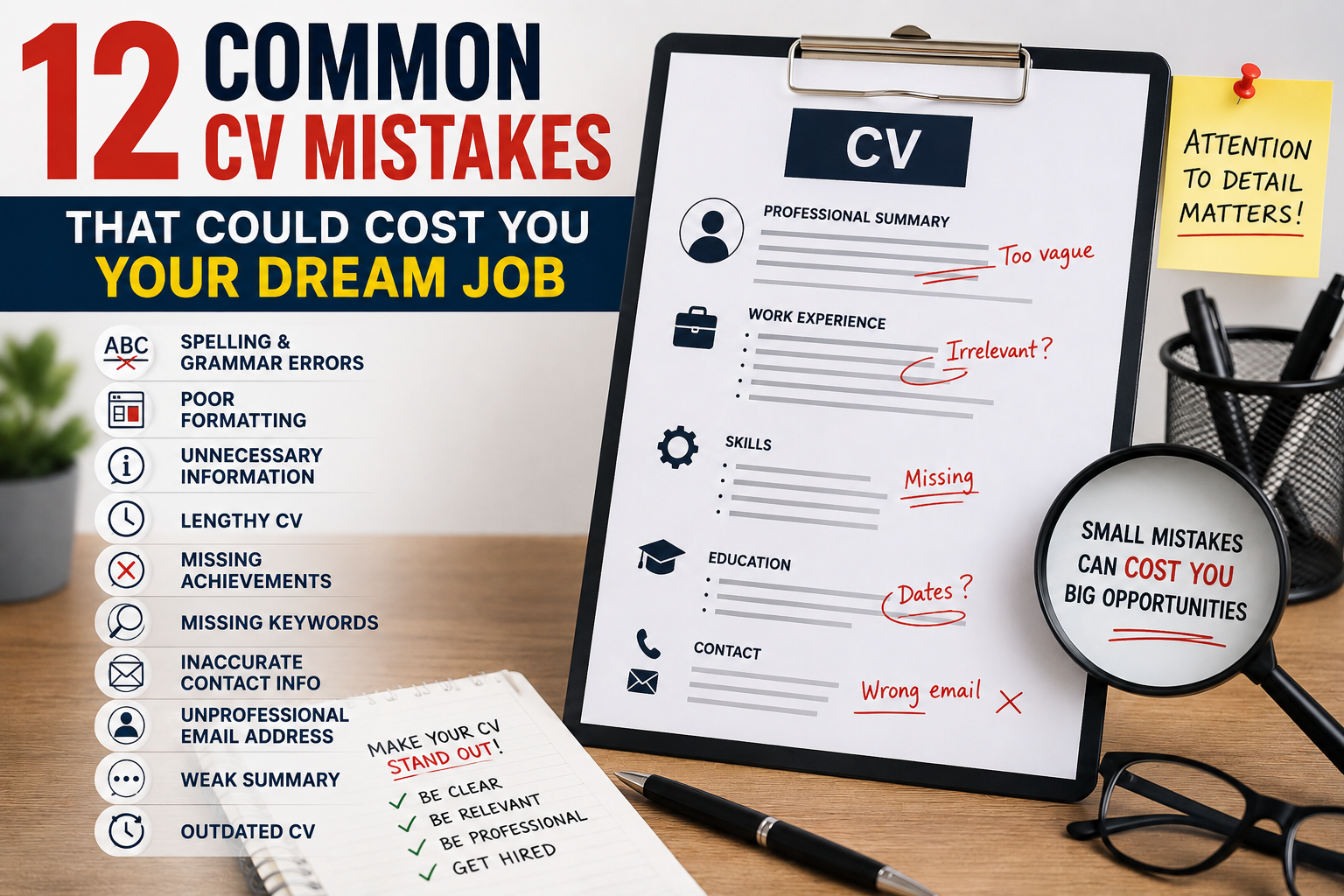 Professional feature image showing a CV document with highlighted errors, proofreading symbols, and recruitment elements, illustrating common CV mistakes that can prevent job seekers from securing interviews and their dream jobs.
