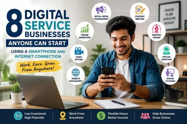 Digital Service Businesses entrepreneur using a smartphone and internet connection to provide online services.