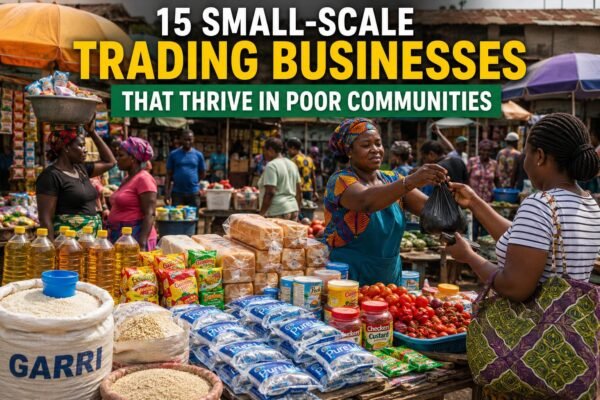 Small-Scale Trading Businesses That Thrive in Poor Communities displayed in a busy local marketplace selling everyday essentials
