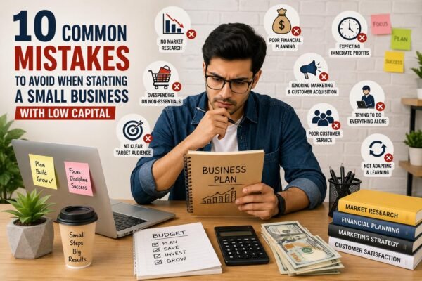 Common Mistakes to Avoid When Starting a Small Business with Low Capital, entrepreneur planning a startup budget and business strategy.