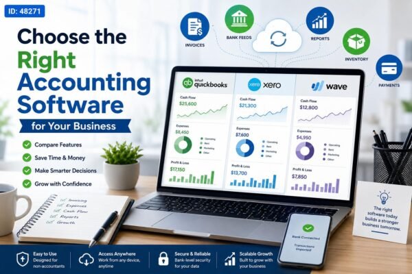 Business owner comparing accounting platforms with dashboards and financial reports to choose the right accounting software for your business.