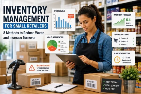 Inventory management for small retailers using stock tracking, ABC classification, and reorder points.