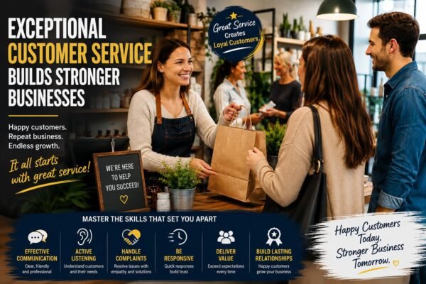 Customer Service Skills for Small Business Owners helping customers in a modern retail store