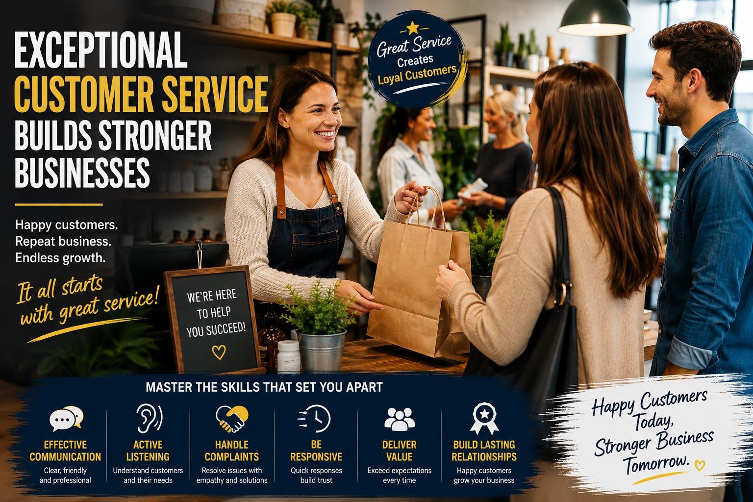 Customer Service Skills for Small Business Owners helping customers in a modern retail store