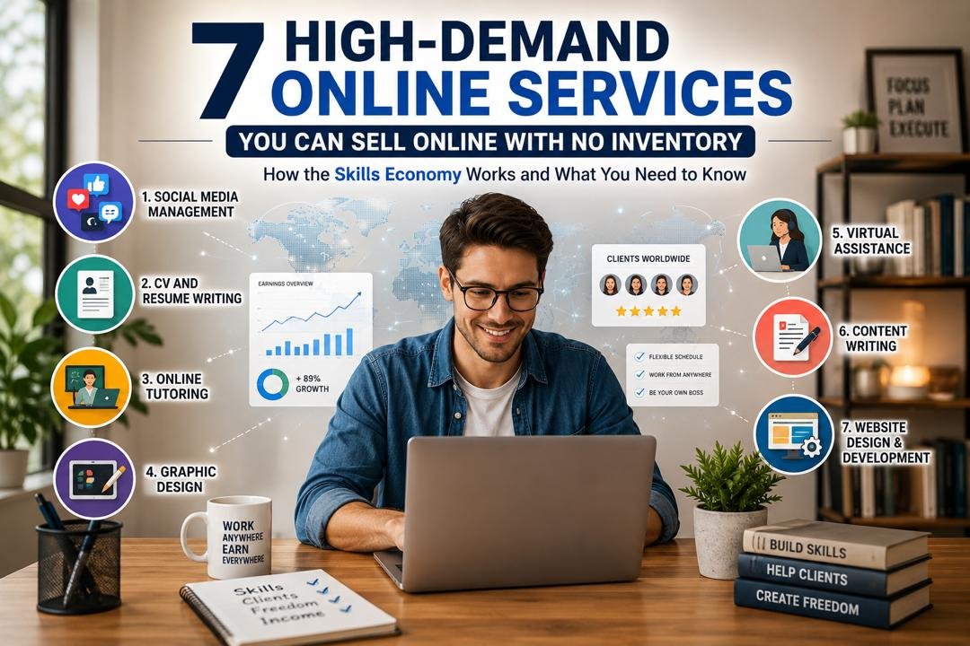 7 High-Demand Services You Can Sell Online With No Inventory: How the Skills Economy Works and What You Need to Know 1 High-Demand Online Services entrepreneur working online without inventory