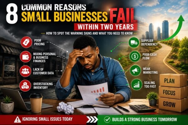Reasons small businesses fail illustrated by a worried business owner reviewing finances with pricing, cash flow, inventory, supplier, and marketing challenges.