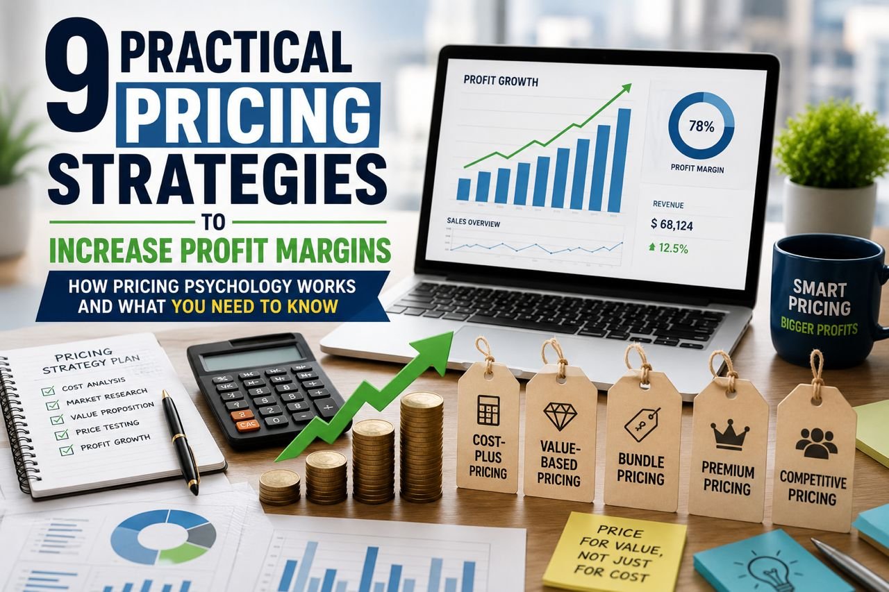 Pricing Strategies to Increase Profit Margins illustrated with pricing charts and business growth analytics