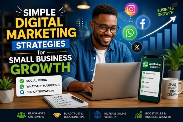 Simple digital marketing strategies for small business growth using social media, WhatsApp, and SEO.