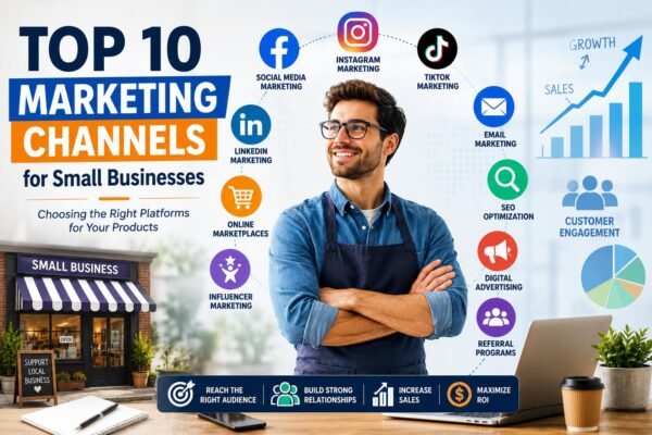 Top Marketing Channels for Small Businesses illustrated with social media, SEO, email marketing, and digital advertising platforms