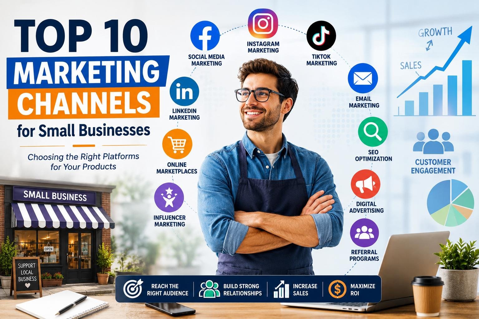 Top Marketing Channels for Small Businesses illustrated with social media, SEO, email marketing, and digital advertising platforms