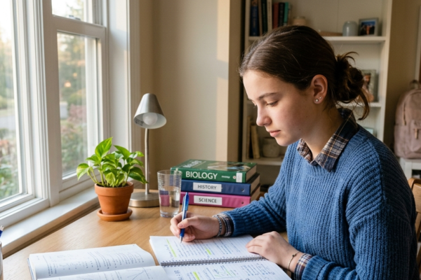 Teen student studying in a bright morning room with textbooks and notes on a desk