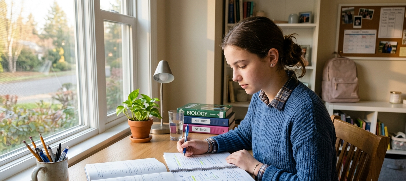 Teen student studying in a bright morning room with textbooks and notes on a desk