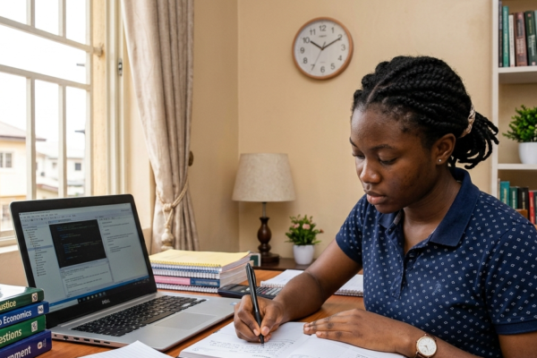 Nigerian student creating a study timetable for WAEC, NECO, and JAMB exams