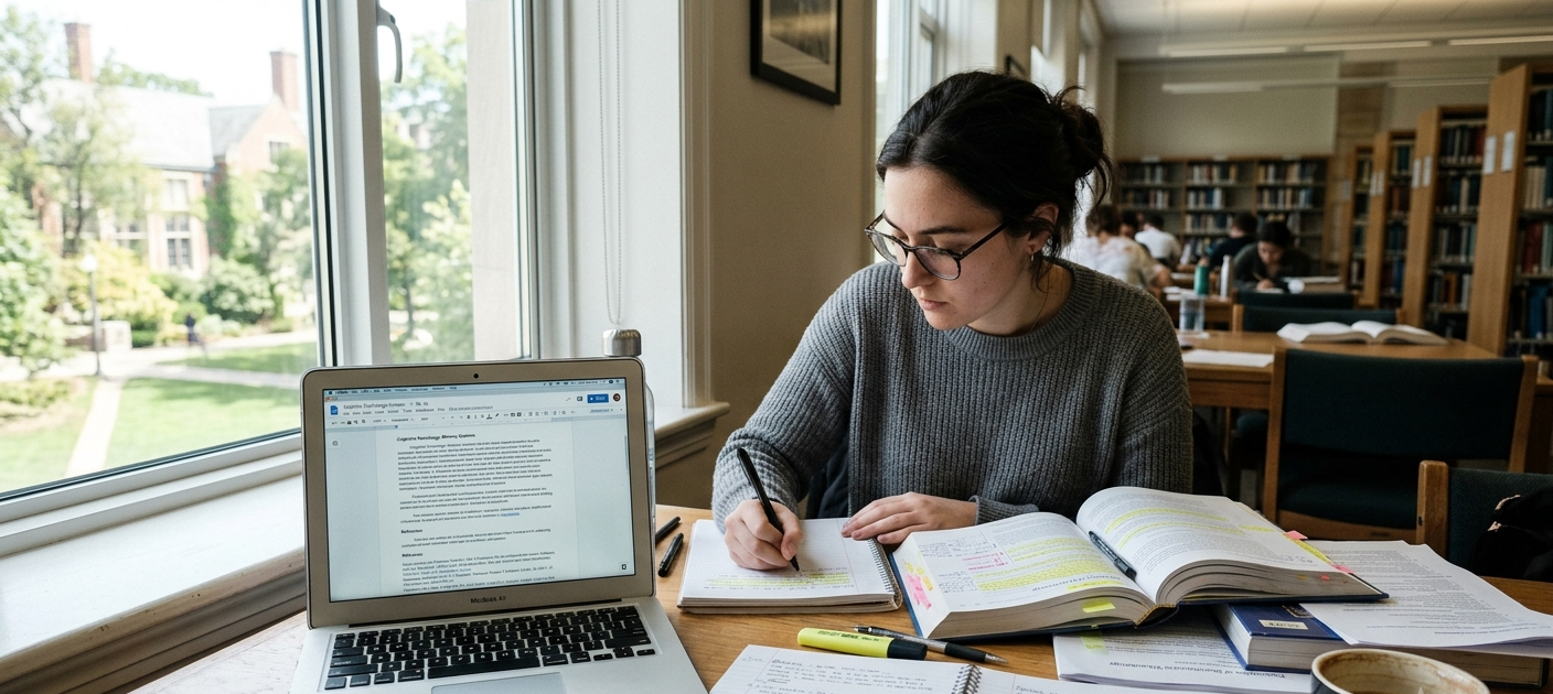 University student writing an academic paper on a laptop surrounded by textbooks and notes