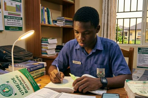 Nigerian student studying JAMB subject combinations with books, phone, and study materials for university admission preparation
