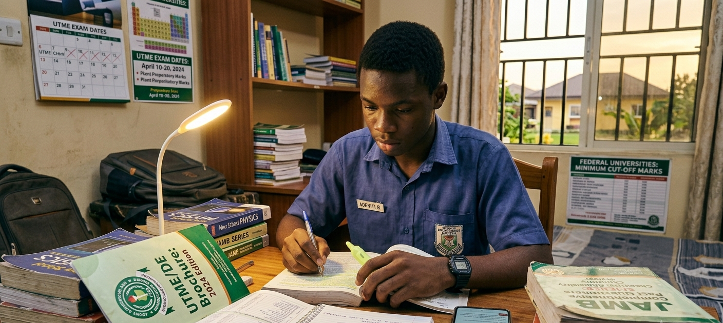 Nigerian student studying JAMB subject combinations with books, phone, and study materials for university admission preparation